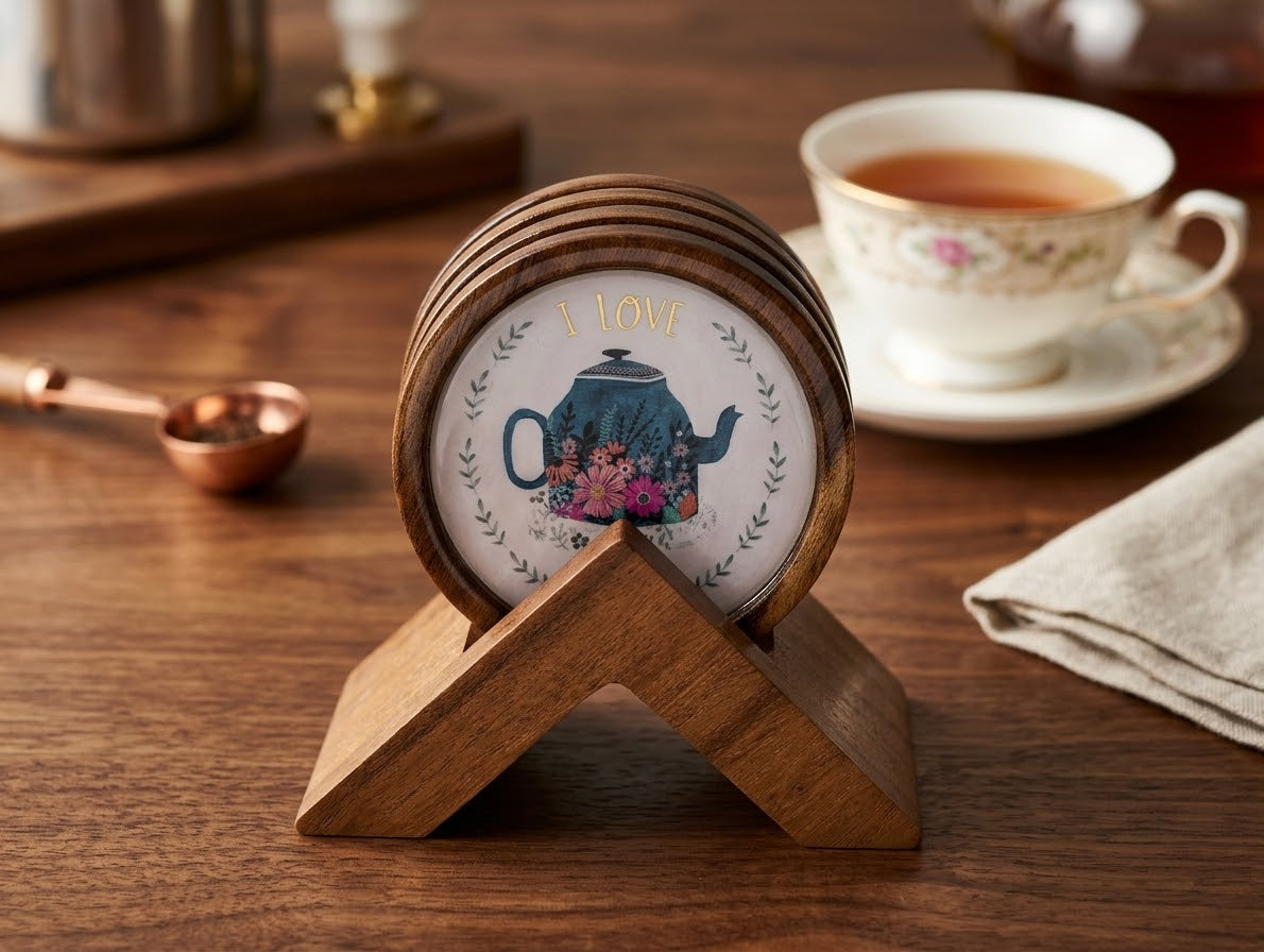 Elegant Wooden Coaster Set with Stand - "I LOVE" Teapot Design (Set of 4)
