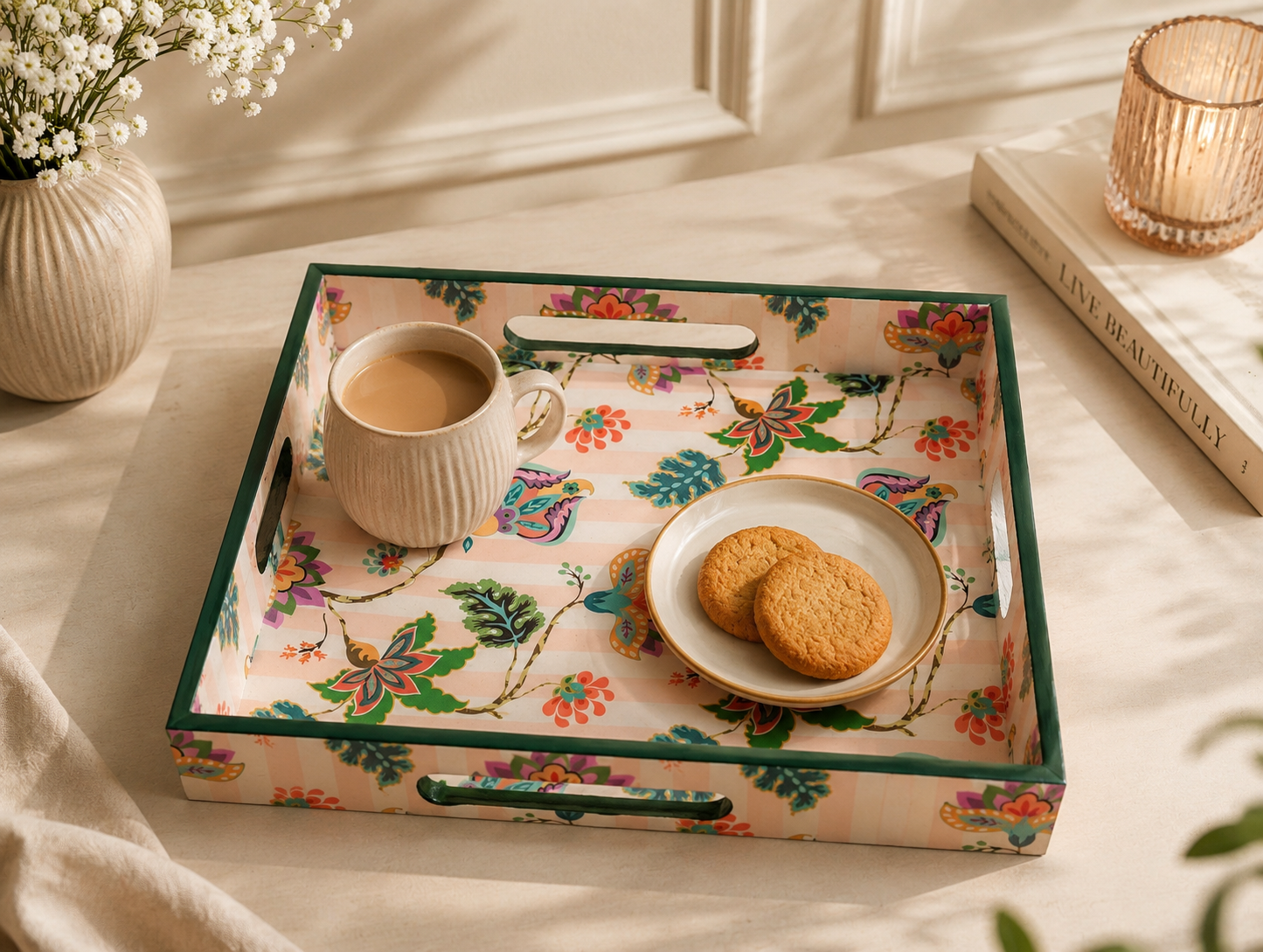 A rectangular decorative tray with floral print and green trim, styled on a cream fabric surface with a mug, cookies, a candle, and a vase in a bright interior setting.