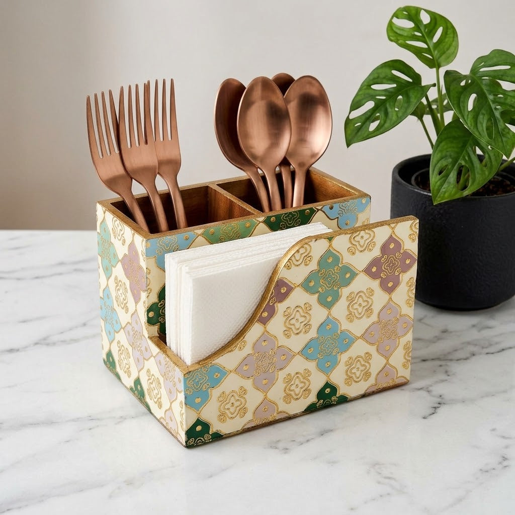 A decorative paper napkin holder with a geometric tile pattern in beige, gold, green, and blue, styled on a white marble countertop next to a potted green plant. The holder is shown filled with white napkins, rose gold cutlery, and a gold pen.