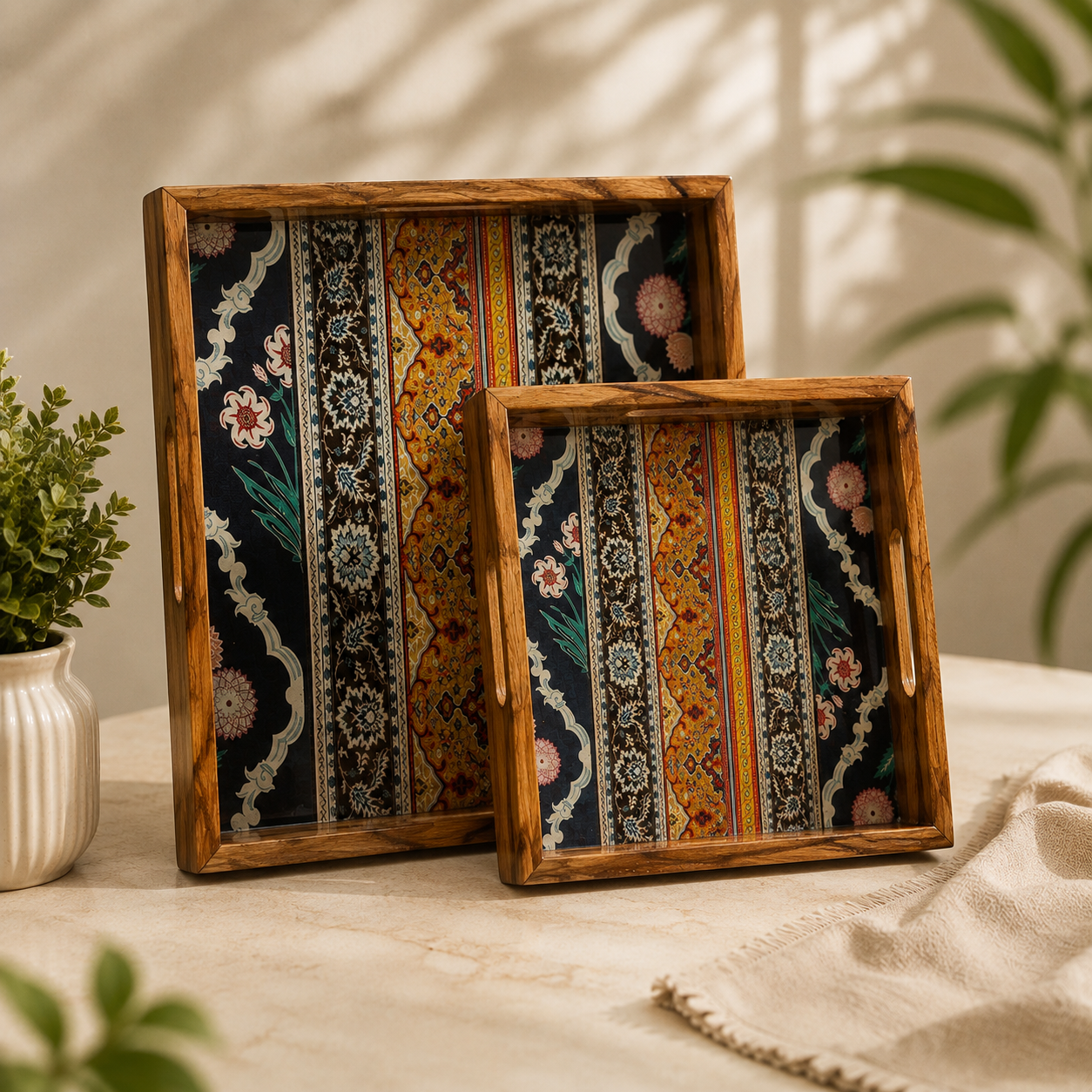 Bohemian Heritage Teak Wood Square Trays