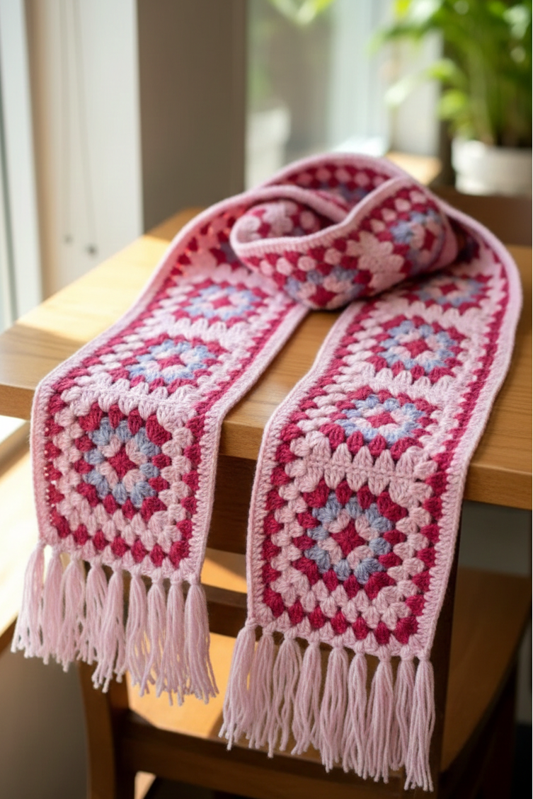 Handmade Crochet Muffler Pink Woolen Scarf Winter wear for woman