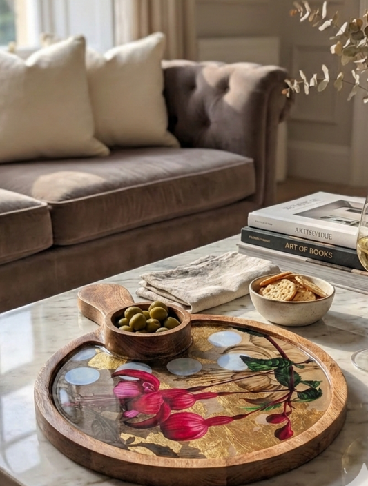 Handmade wooden serving platter with bowl and integrated handle