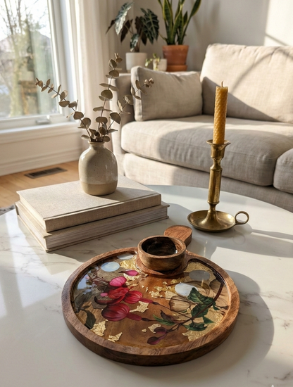 Handmade wooden serving platter with bowl and integrated handle