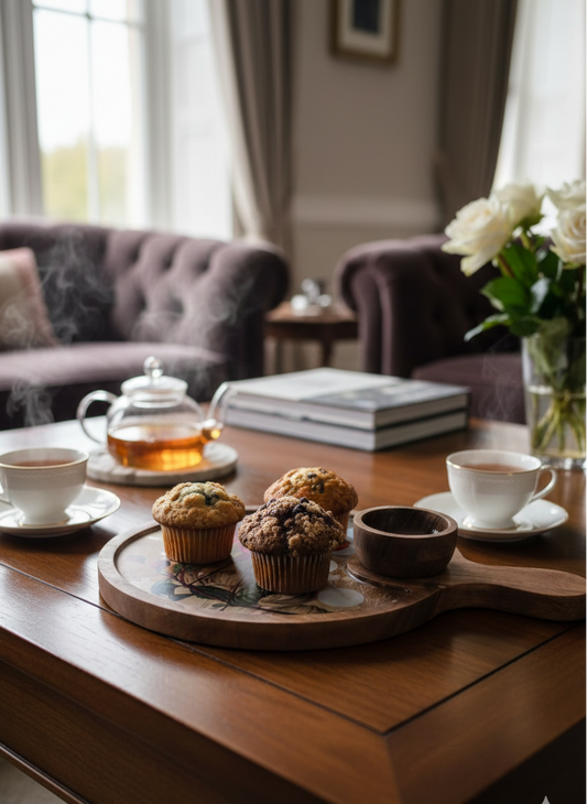 Handmade wooden serving platter with bowl and integrated handle