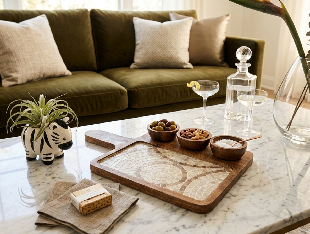 Handmade wooden serving platter with bowl and integrated handle