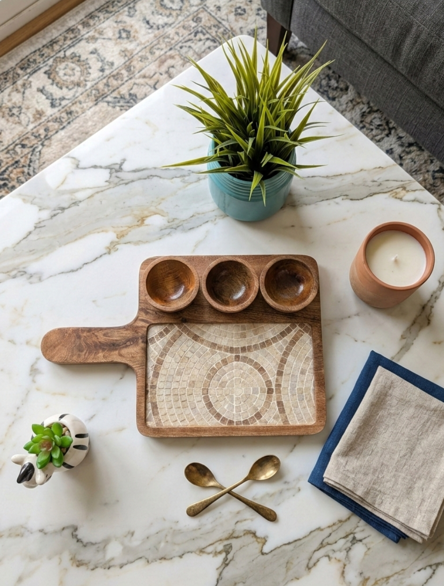 Handmade wooden serving platter with bowls and integrated handle