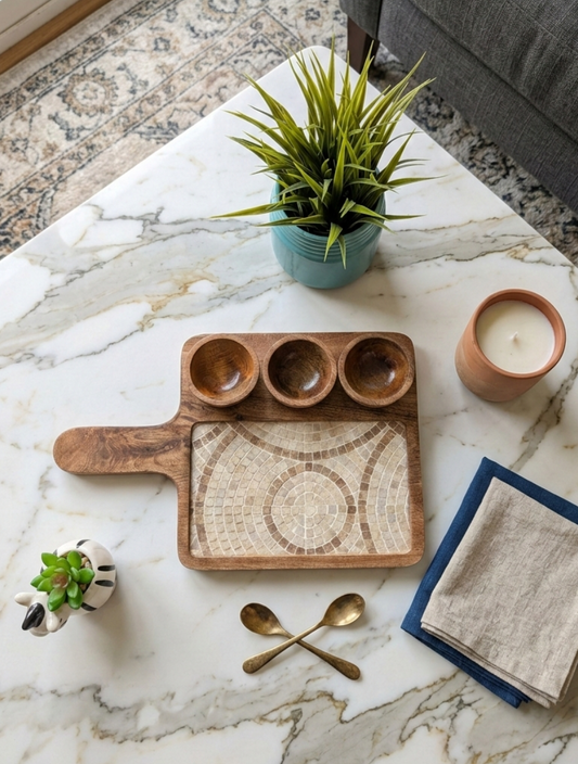 Handmade wooden serving platter with bowls and integrated handle