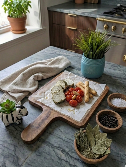 Handmade wooden serving platter with bowls and integrated handle | ArturaLiving