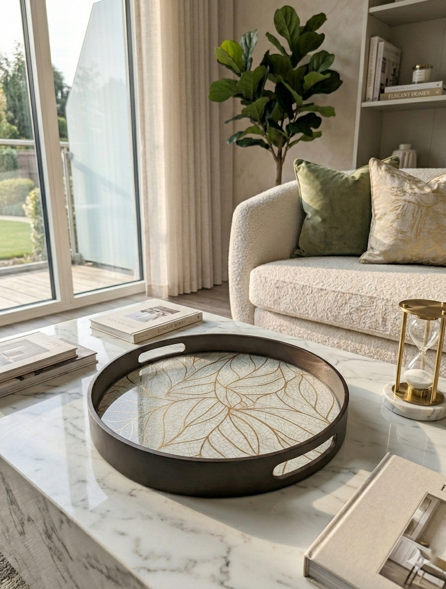 Minimalist round MDF wooden tray with a smooth matte finish and raised edges for home styling.
