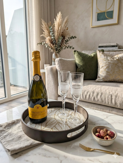 Minimalist round MDF wooden tray with a smooth matte finish and raised edges for home styling.