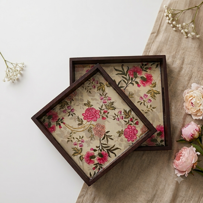 Vintage Bloom Teak Wood Square Trays