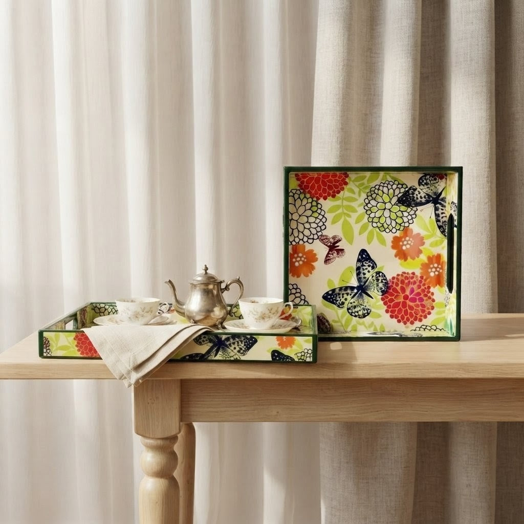 Vibrant Monarch & Dahlia Wooden Square Trays