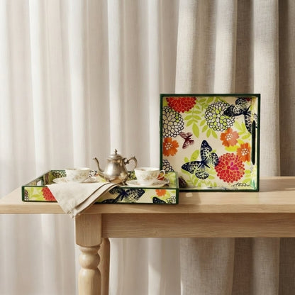Vibrant Monarch & Dahlia Wooden Square Trays