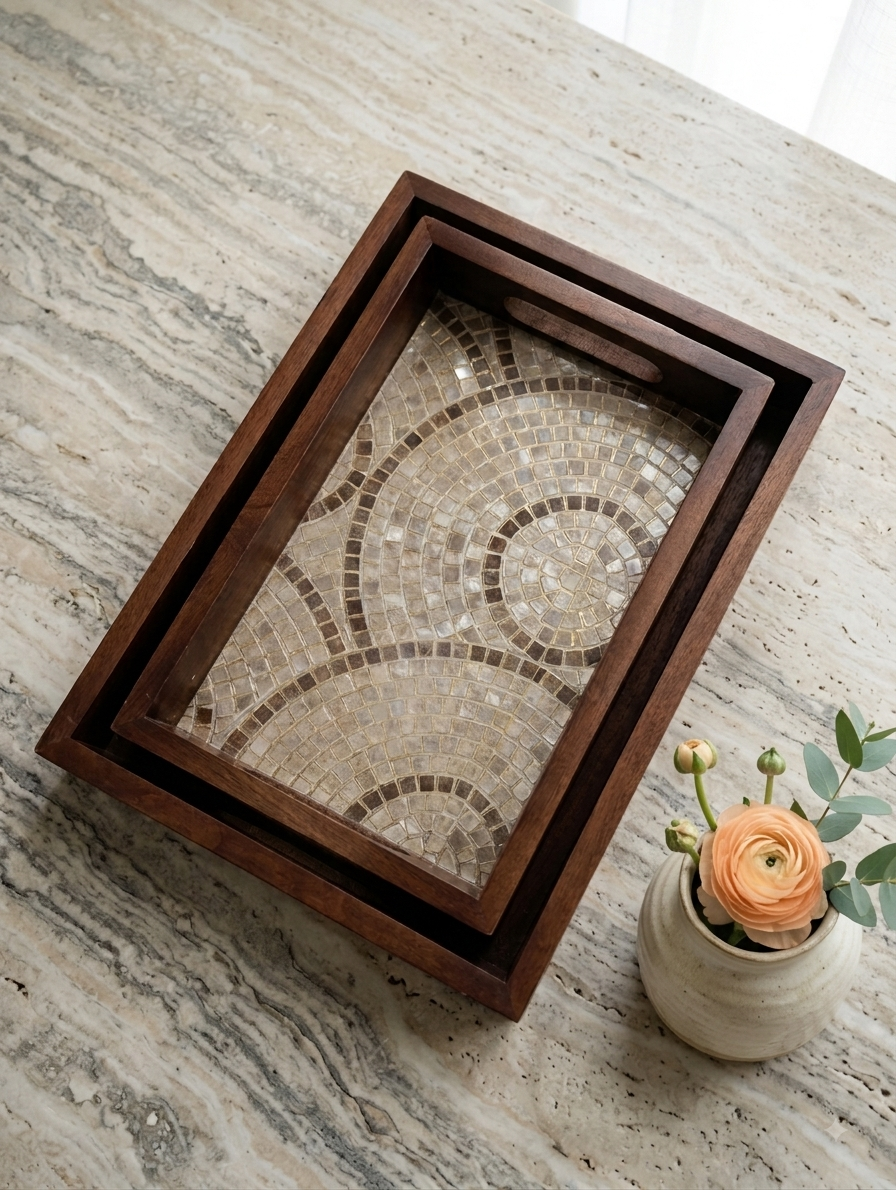 Mosaic Teak Wood Rectangular Trays