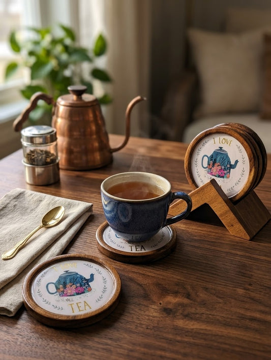 Elegant Wooden Coaster Set with Stand - "I LOVE" Teapot Design (Set of 4)