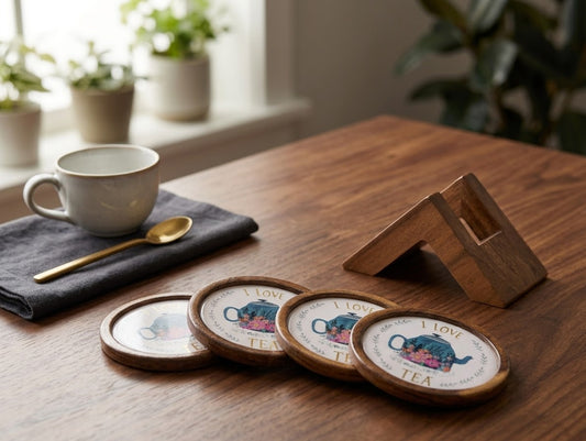 Elegant Wooden Coaster Set with Stand - "I LOVE" Teapot Design (Set of 4)