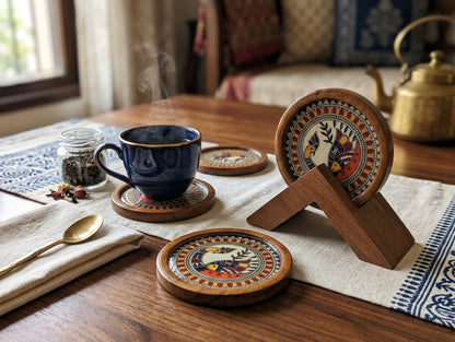 Wooden Coaster Set with Stand - Madhubani-Inspired Art Deco Design - Set of 4