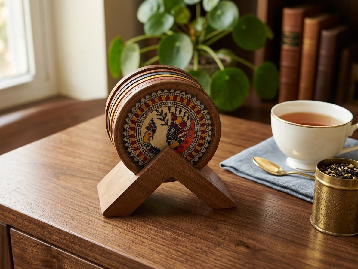 Wooden Coaster Set with Stand - Madhubani-Inspired Art Deco Design - Set of 4