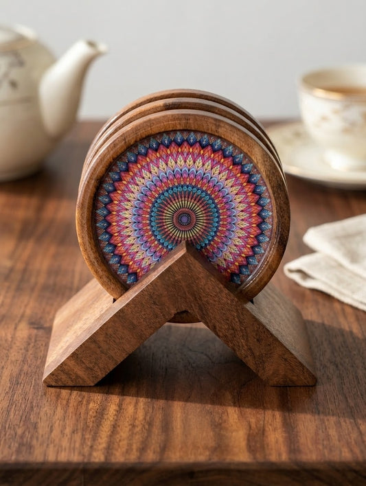 Vibrant Peacock Mandala Wooden Coaster Set with Holder -Set of 4