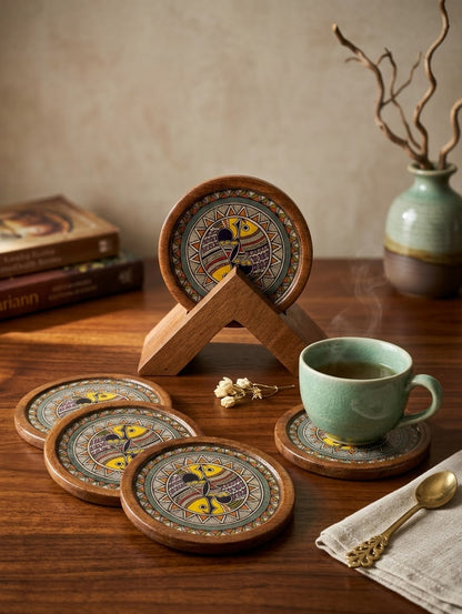 Wooden Coasters with Stand – Madhubani-Inspired Fish Art - Set of 4