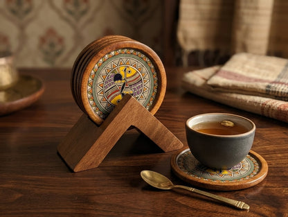 Wooden Coasters with Stand – Madhubani-Inspired Fish Art - Set of 4