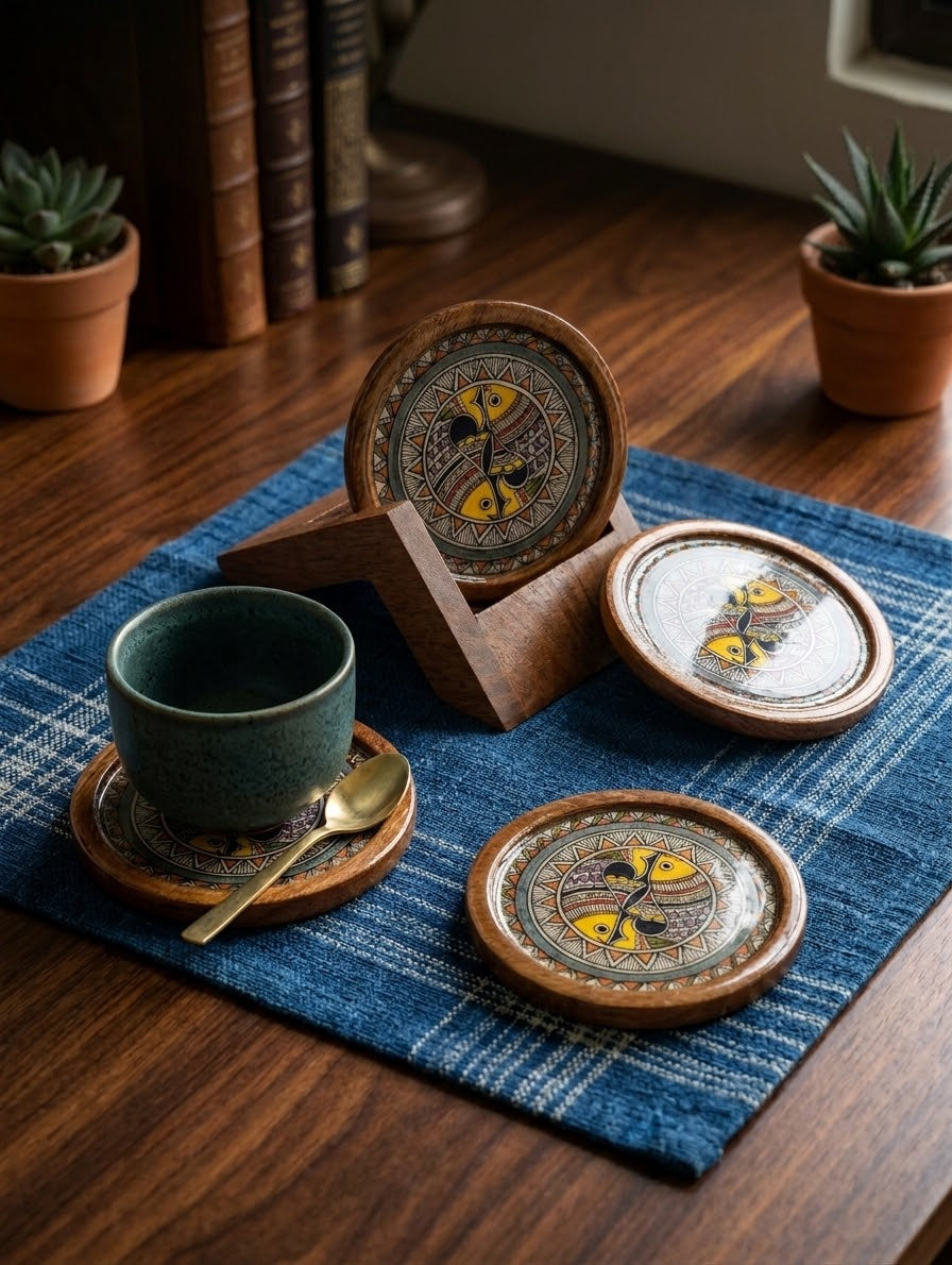 Wooden Coasters with Stand – Madhubani-Inspired Fish Art - Set of 4