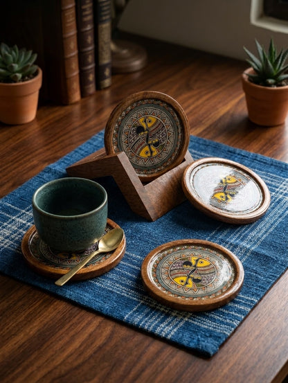 Wooden Coasters with Stand – Madhubani-Inspired Fish Art - Set of 4
