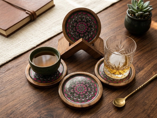 Wooden Coasters with Stand –  Intricate Pink Mandala Art - Set of 4