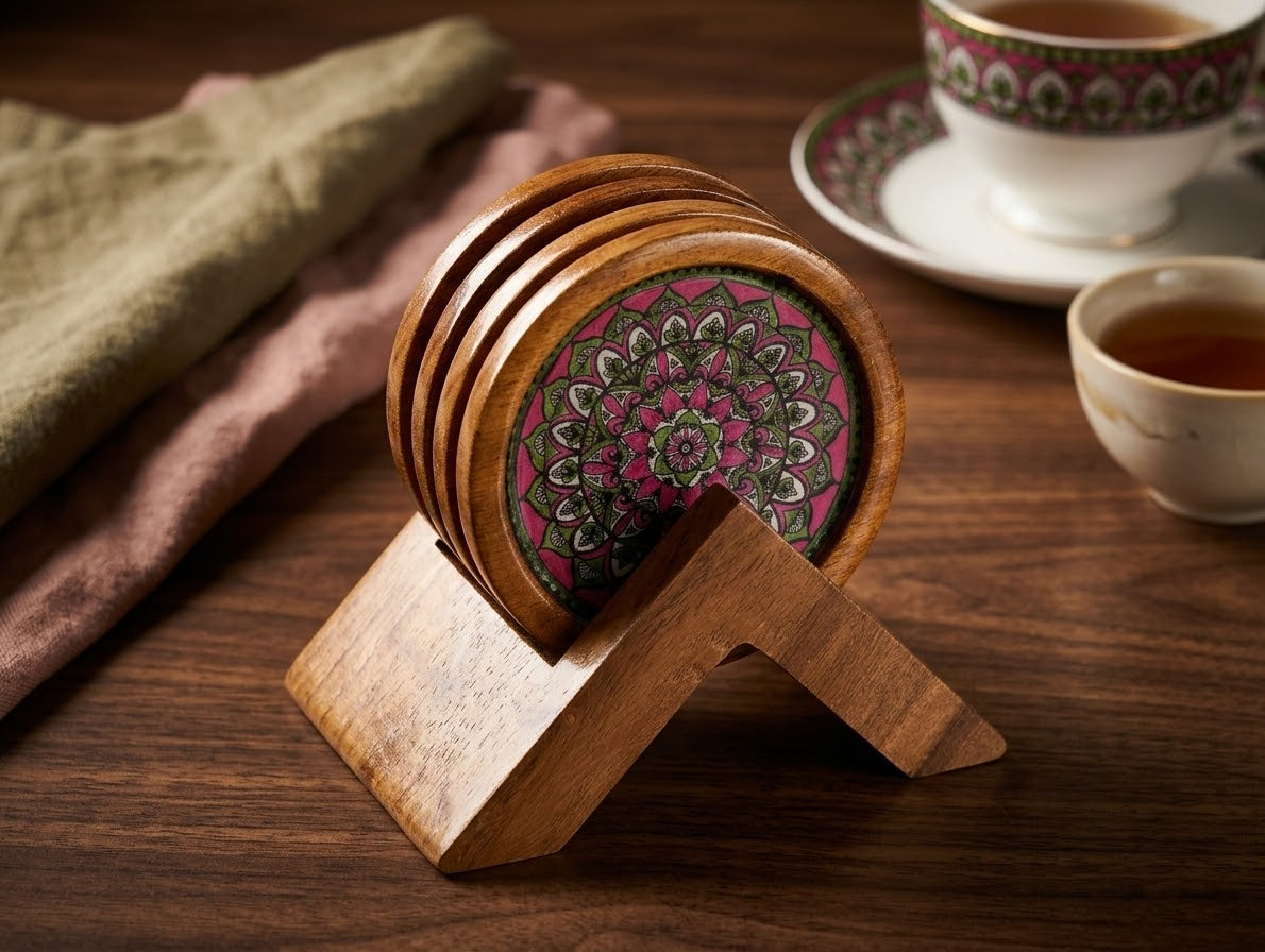 Wooden Coasters with Stand –  Intricate Pink Mandala Art - Set of 4