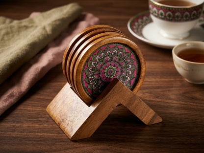 Wooden Coasters with Stand –  Intricate Pink Mandala Art - Set of 4