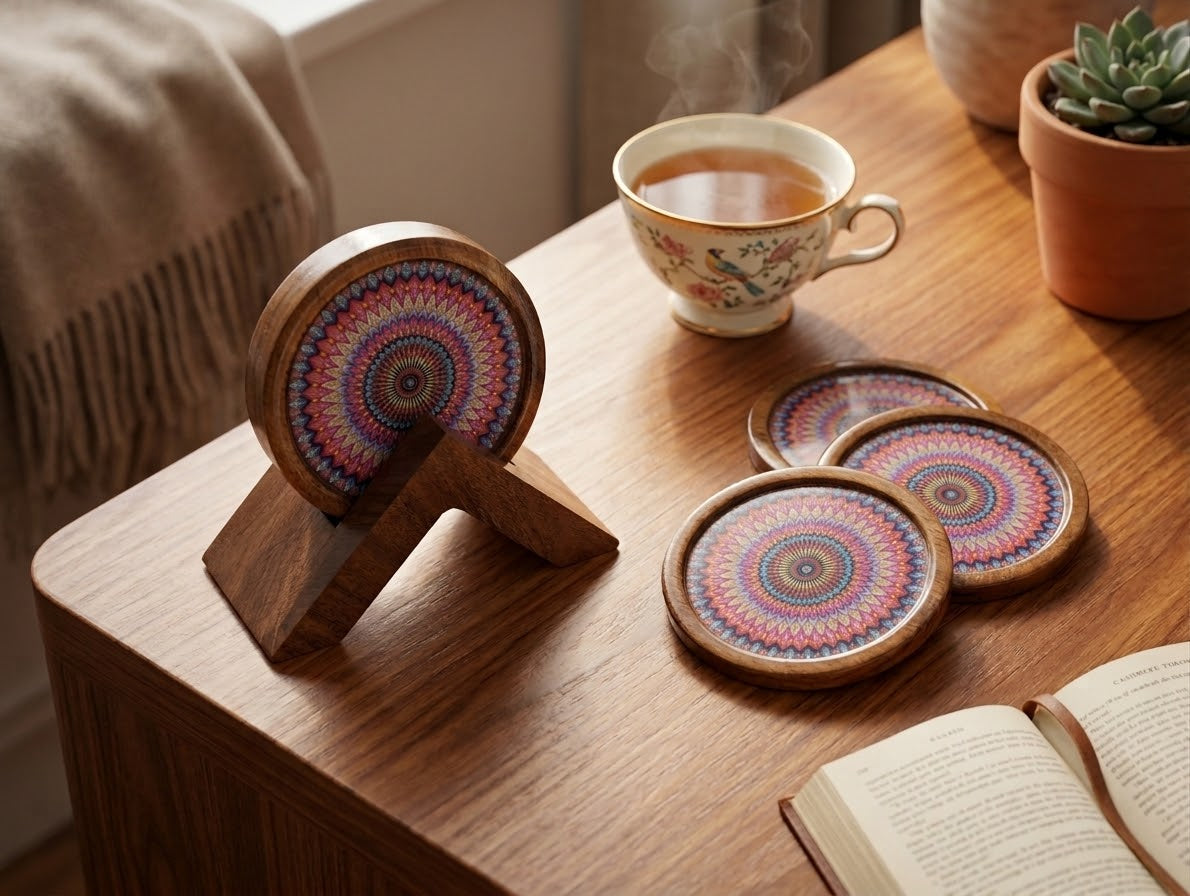 Vibrant Peacock Mandala Wooden Coaster Set with Holder -Set of 4
