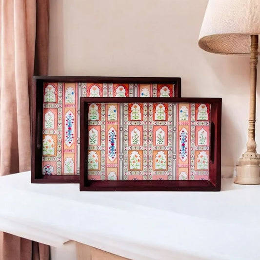 Handmade teak wood rectangular tray with handles