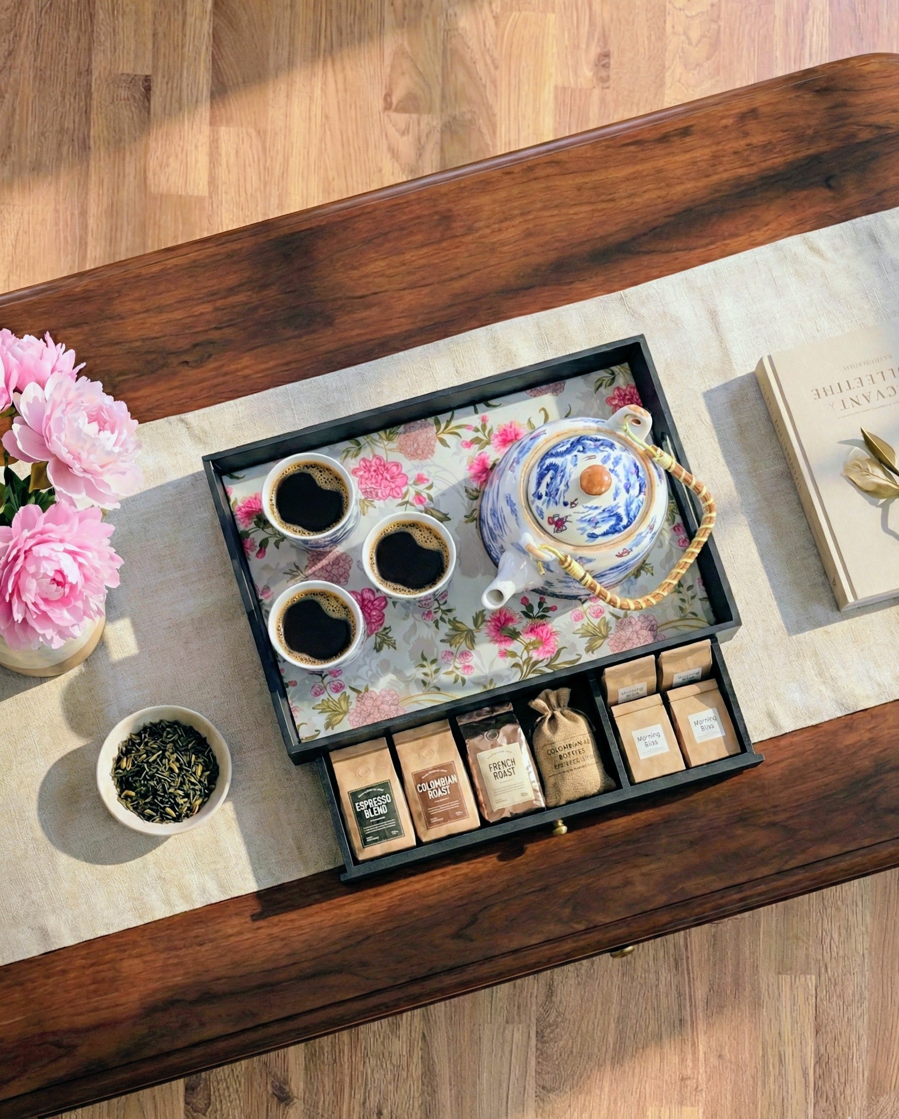 Handcrafted rectangular wooden drawer tray with smooth dividers for home organization