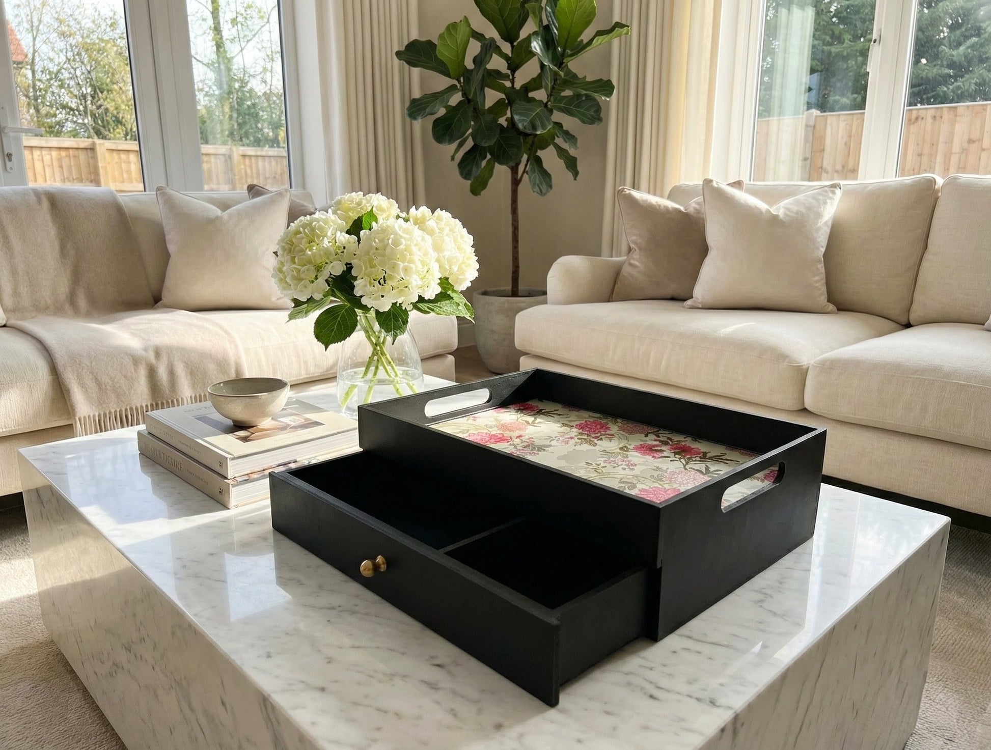 Handcrafted rectangular wooden drawer tray with smooth dividers for home organization