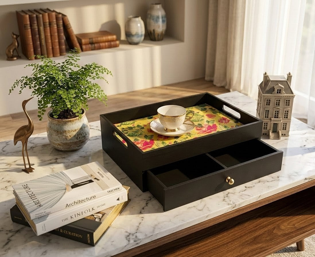 Handcrafted rectangular wooden drawer tray with smooth dividers for home organization