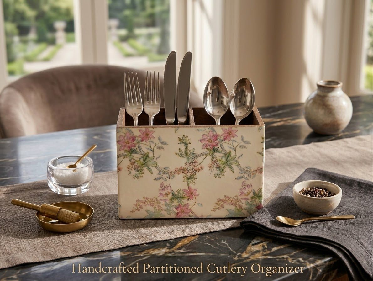 A handcrafted cutlery organizer box with a floral print, holding silver forks, knives, and spoons, styled on a dark marble table with dining props.