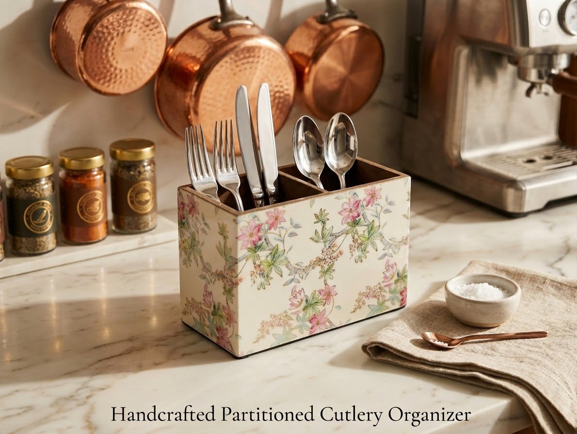 A handcrafted rectangular cutlery organizer with a floral patterned exterior and a dark interior, holding silver forks, knives, and spoons. The organizer sits on a marble kitchen counter with copper pots, spice jars, and a coffee machine in the background.