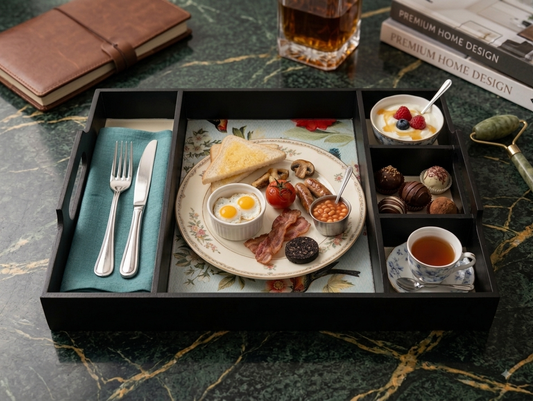 A luxury breakfast tray set on a green marble table, featuring a black wooden tray with floral linens, a plate of full English breakfast, a cup of tea, and cutlery, styled with a notebook and books in the background.