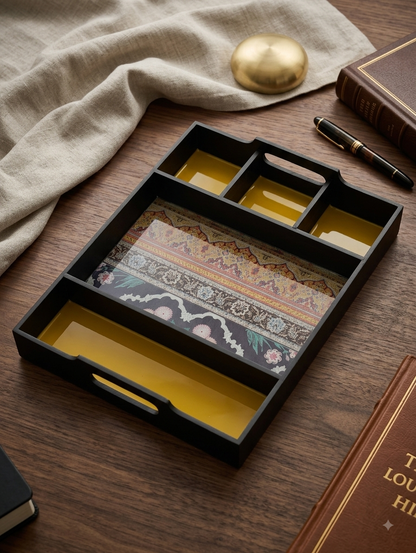 A black rectangular serving tray with integrated handles and multiple compartments, styled on a wooden tabletop with a beige linen cloth, books, a pen, and a gold object nearby.