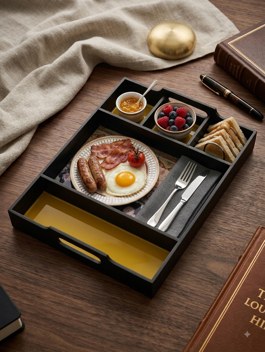 A black compartment breakfast tray holding a plate with eggs, sausage, bacon, and tomato, alongside small bowls of jam and berries, toast, and cutlery, styled on a wooden table with books and a cloth.