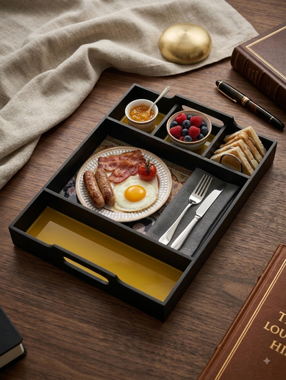 A black compartment breakfast tray holding a plate with eggs, sausage, bacon, and tomato, alongside small bowls of jam and berries, toast, and cutlery, styled on a wooden table with books and a cloth.