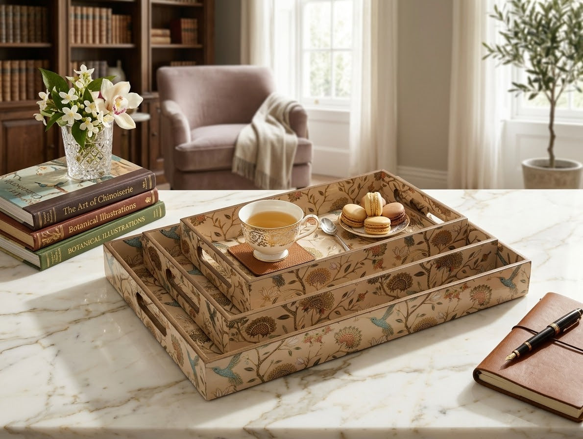 A set of three nested rectangular serving trays with a vintage floral and bird pattern in beige, brown, and muted blue, styled on a white marble table with a teacup, macarons, books, and a notebook in a bright, elegant room.