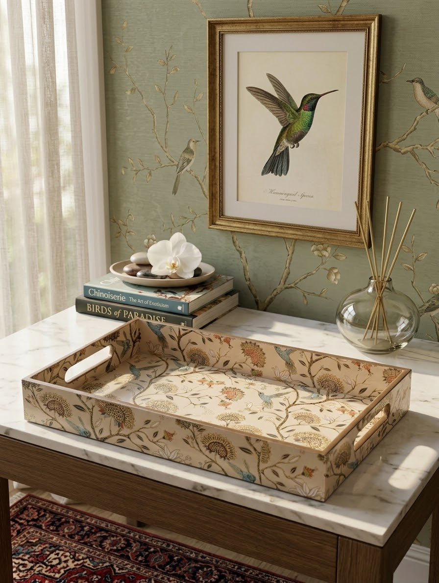 A decorative rectangular serving tray with a floral and bird pattern sits on a marble-topped table in a styled room. A framed hummingbird print hangs on the wall above, with books, a white orchid, and a glass reed diffuser nearby.