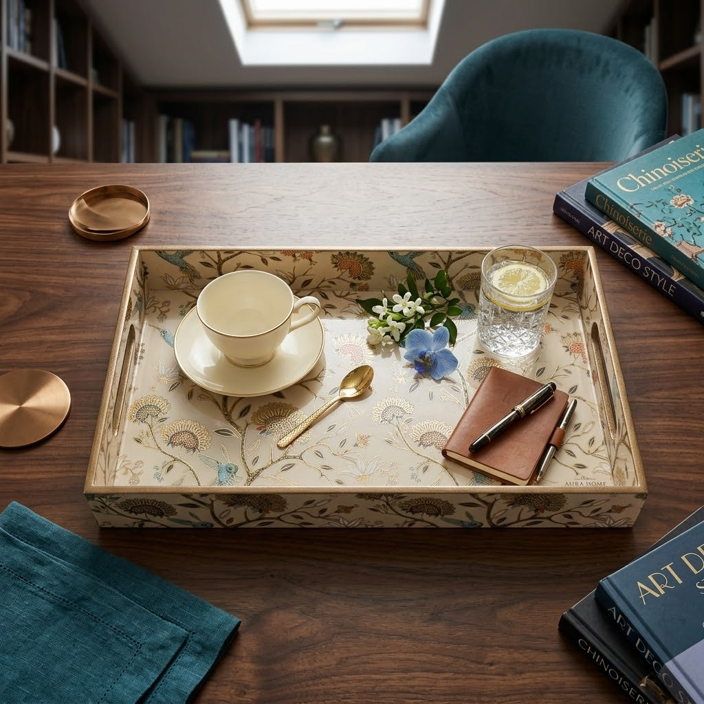 A rectangular decorative serving tray with a floral patterned surface and raised gold-toned edges, styled on a wooden table with a teacup, spoon, glass of lemonade, small notebook, and flowers. The scene includes a chair, books, and a skylight in the background, making this a lifestyle product shot.