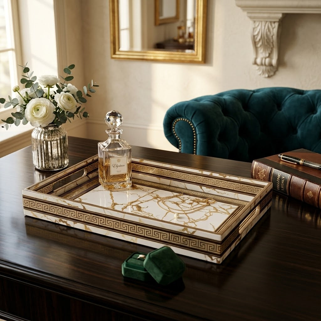 A rectangular decorative tray with a white marble pattern and gold Greek key border sits on a dark wooden table in a styled room. A clear perfume bottle, a vase of white flowers, a teal velvet chair, and books are visible around it.
