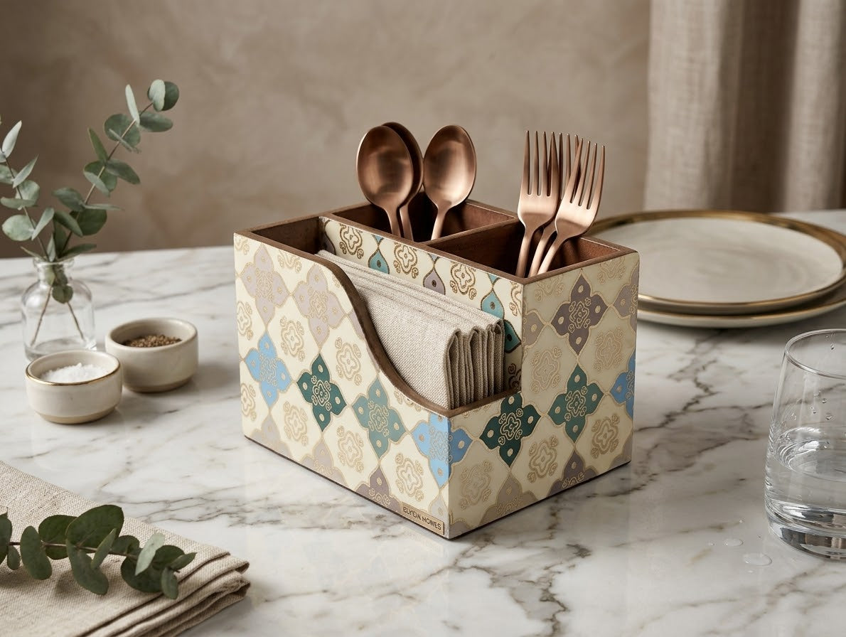 A decorative rectangular cutlery organizer box with a geometric tile pattern in beige, blue, and green, holding rose gold-toned metal utensils on a marble tabletop with plates and eucalyptus in the background.