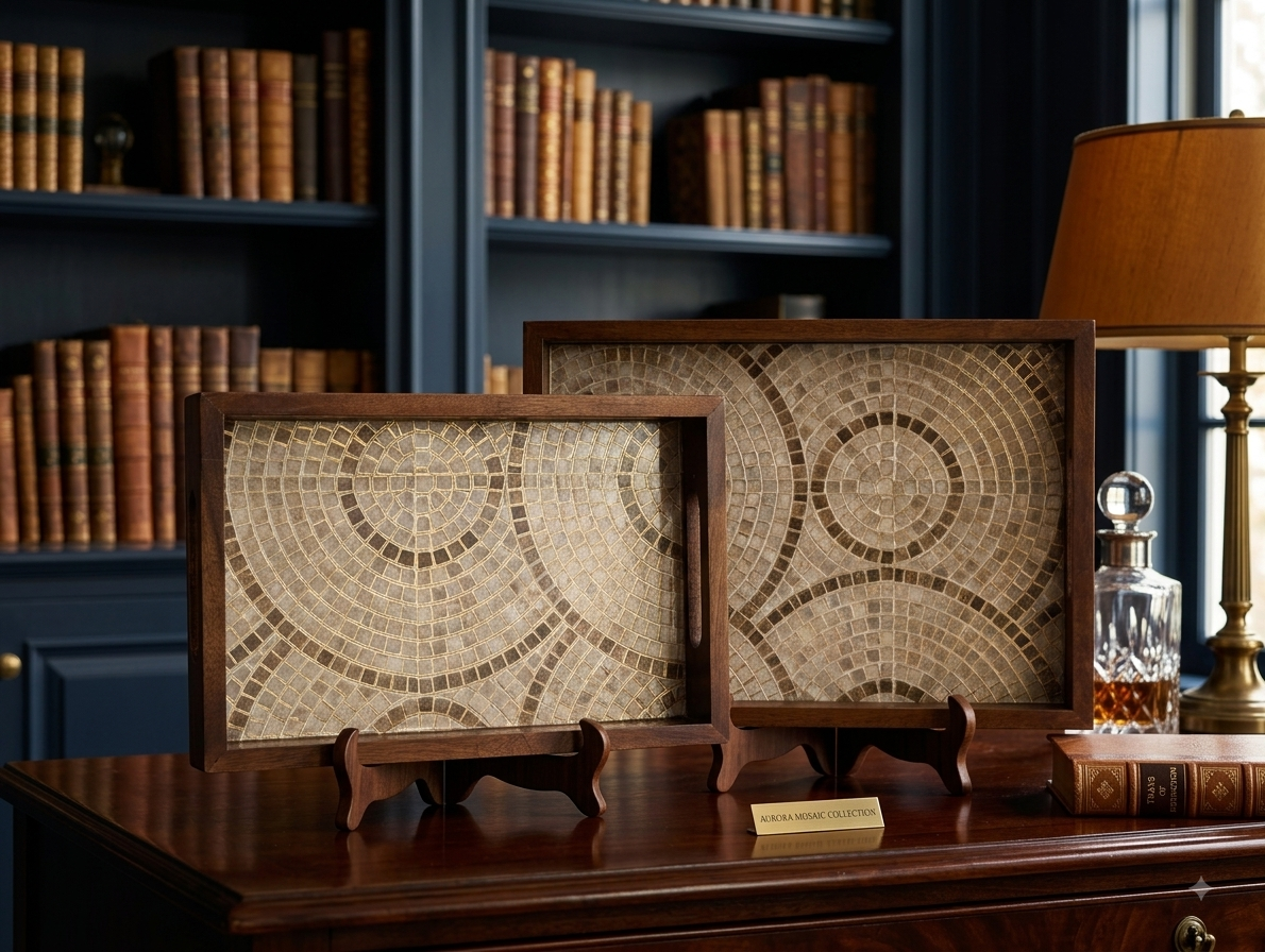 Two framed mosaic wall art pieces with circular geometric patterns in beige, brown, and cream tones, displayed on wooden stands on a dark wood desk in a library setting with bookshelves and a lamp in the background.