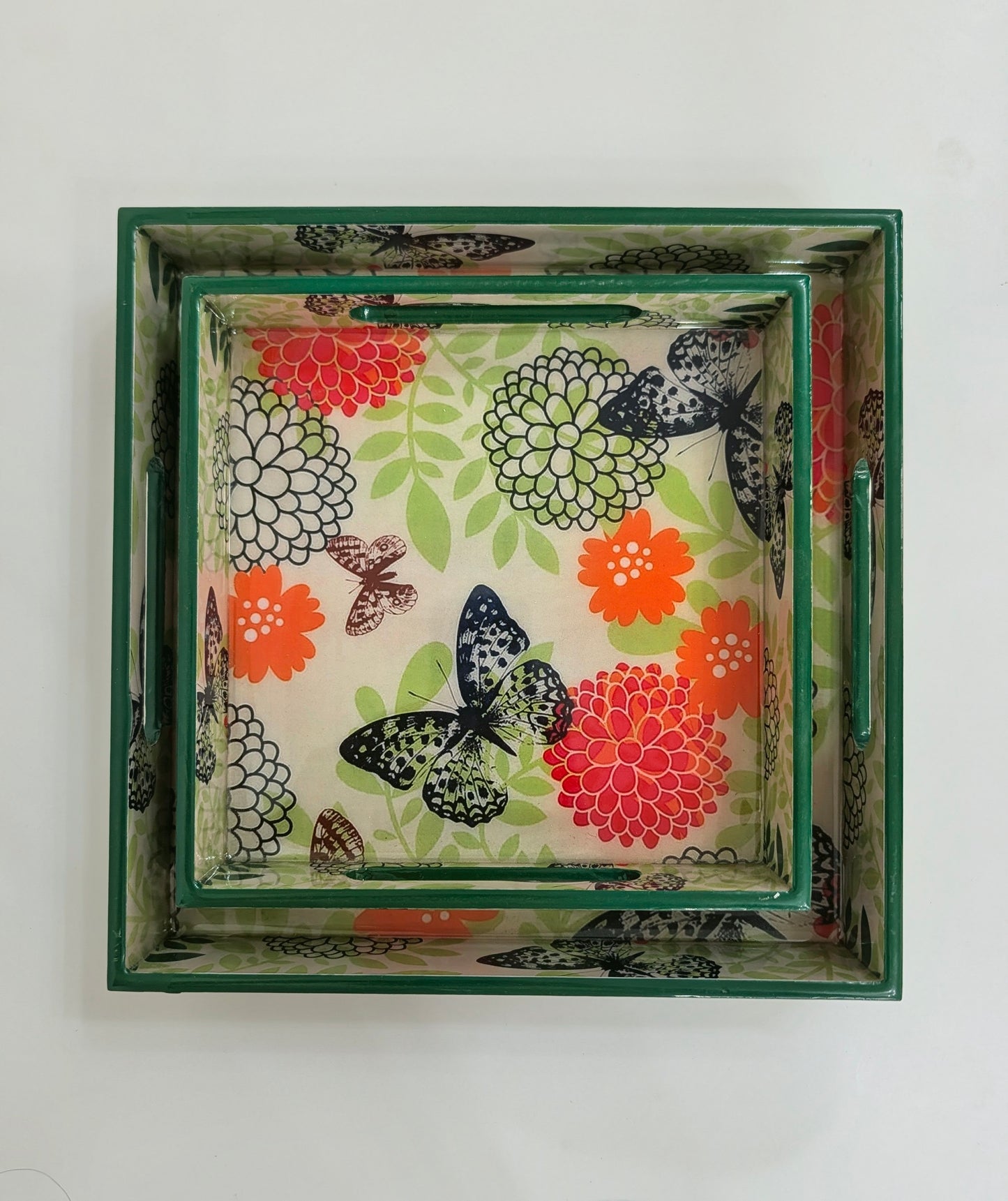 Vibrant Monarch & Dahlia Wooden Square Trays