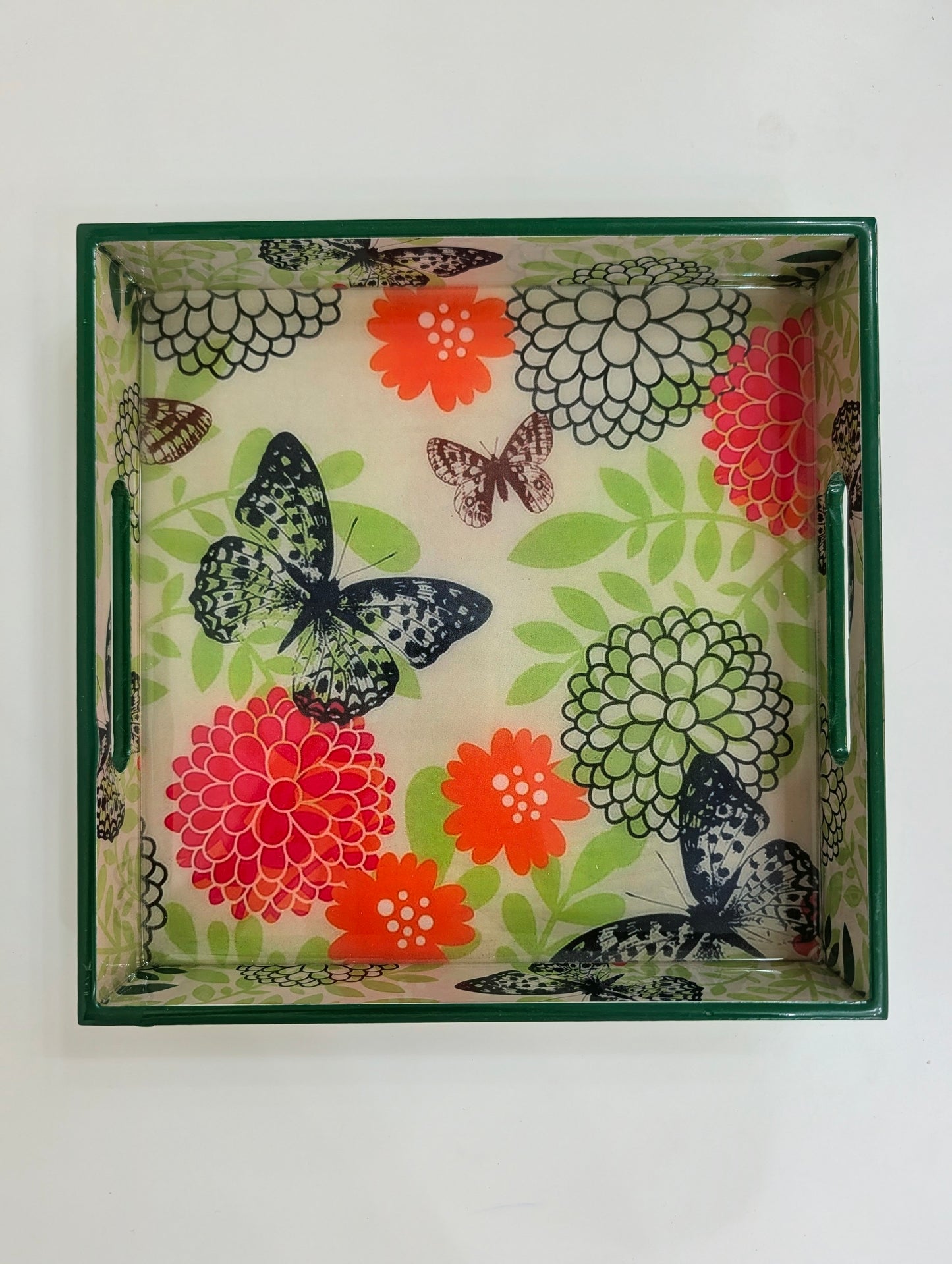 Vibrant Monarch & Dahlia Wooden Square Trays