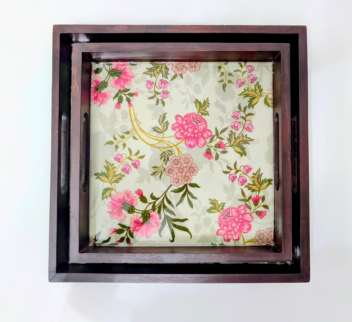 Vintage Bloom Teak Wood Square Trays